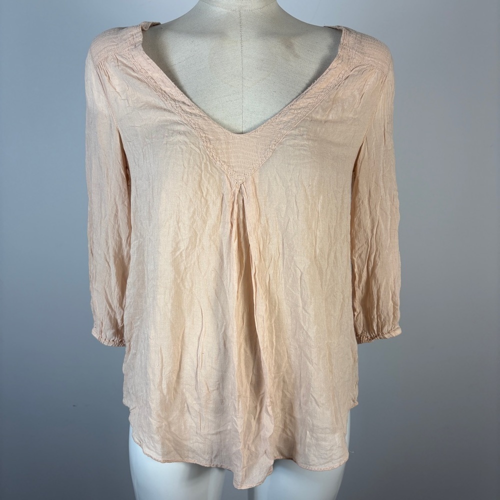 Aritzia Babaton Peach Pink Crinkle Blouse V-Neck Embroidered Top XXS